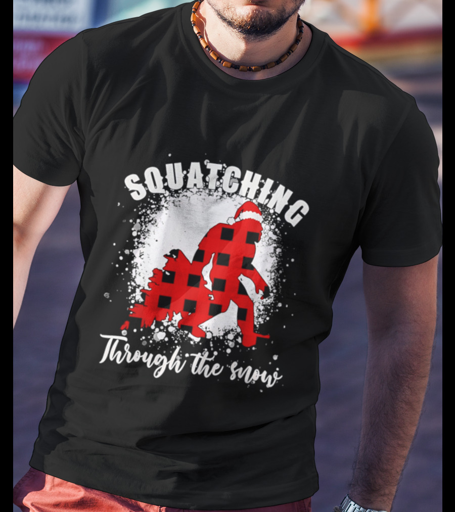 Squatching Through The Snow Bigfoot Santa Hat Christmas T-Shirt