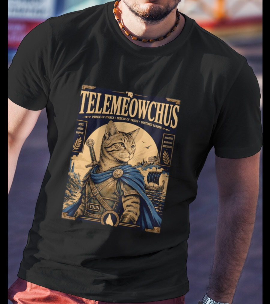TELEMEOWCHUS Prince Of Ithaca Seeker Of Truth Destined Leader Yujin Greek Mythology Cat Warrior T-Shirt