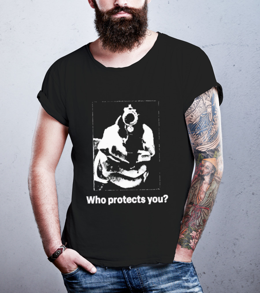 Who Protects You Question With Gun Aimed At Viewer T-Shirt