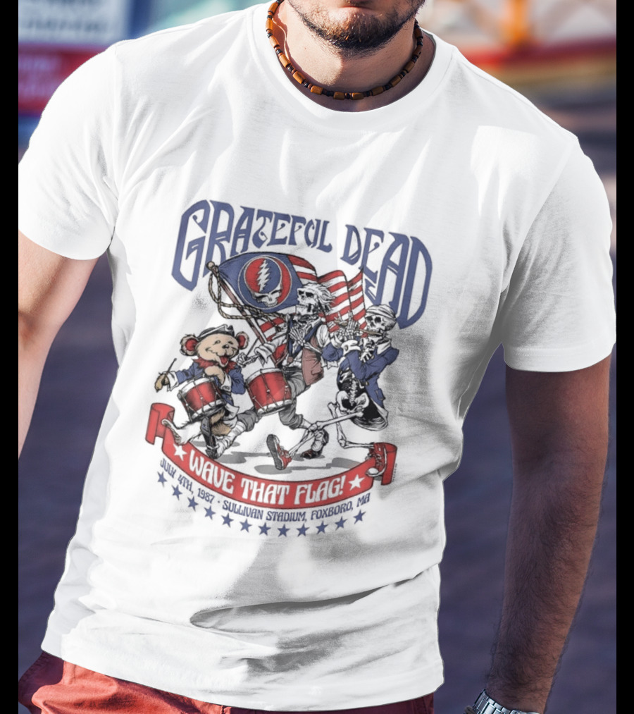 Grateful Dead Wave That Flag 4th Of July Sullivan Stadium Foxboro MA Bear Skeleton Jam Band Summer Concert T-Shirt