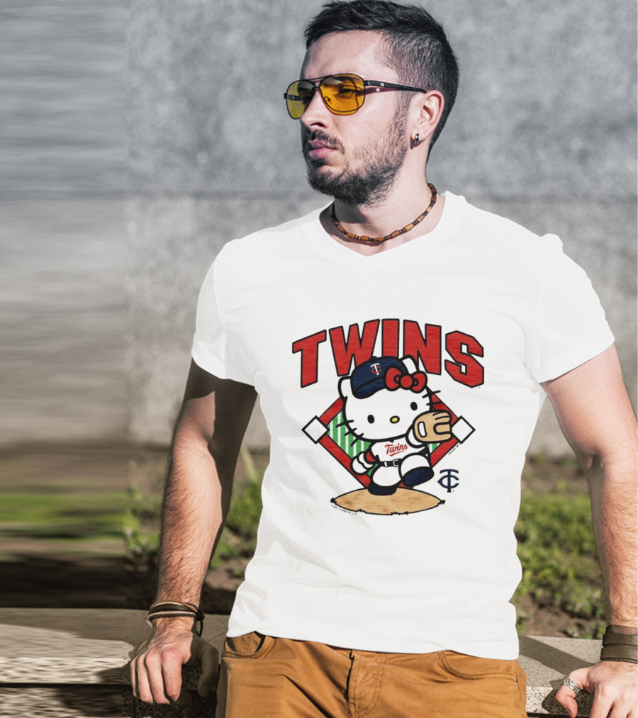 Hello Kitty Twins Baseball Distressed MLB Player Cartoon T-Shirt