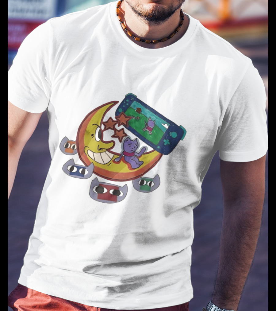 Cartoon Moon And Cat Playing Game With Stars And Colorful Masks T-Shirt