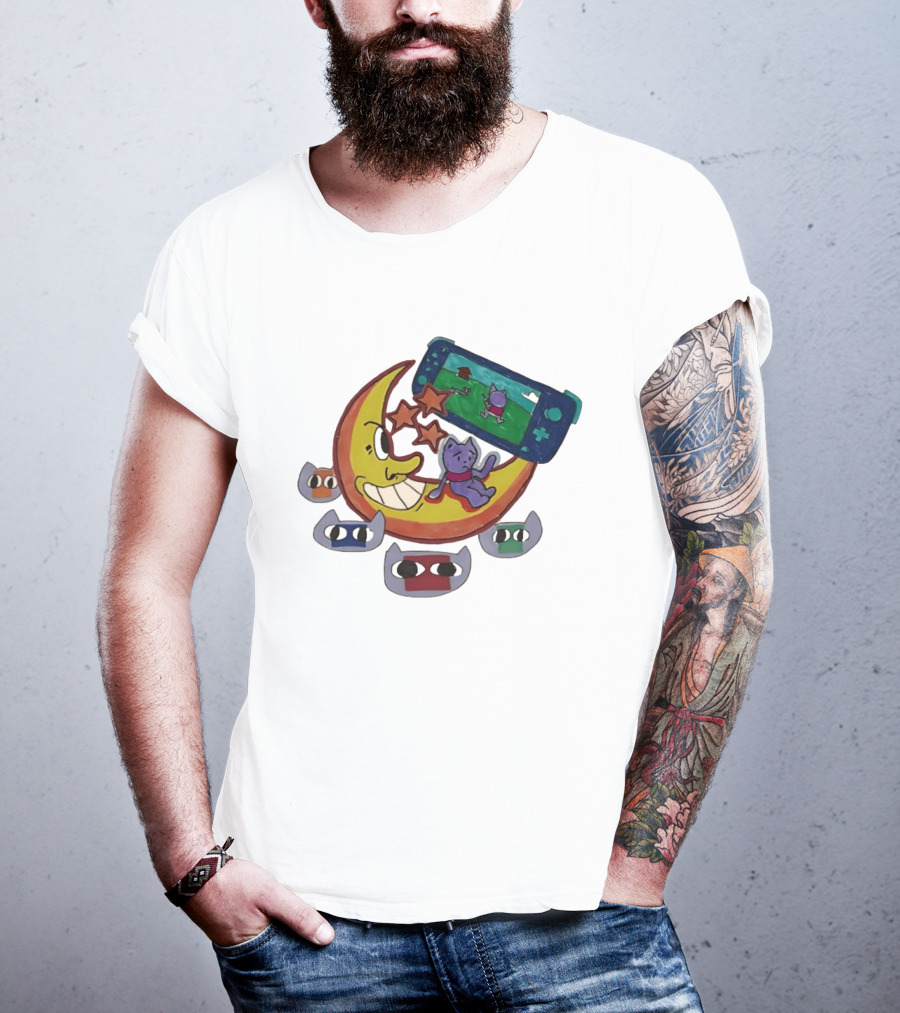 Cartoon Moon And Cat Playing Game With Stars And Colorful Masks T-Shirt