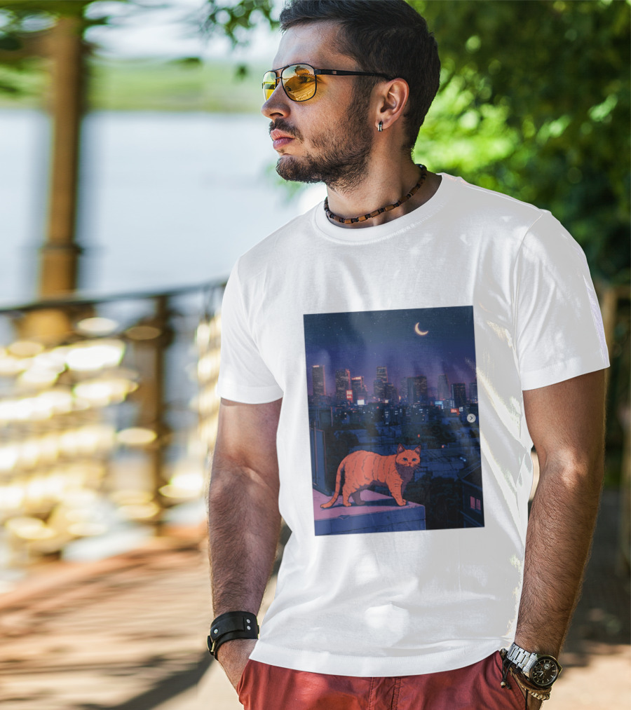 Orange Tabby Cat Under Night Sky Overlooking City Skyline With Crescent Moon T-Shirt