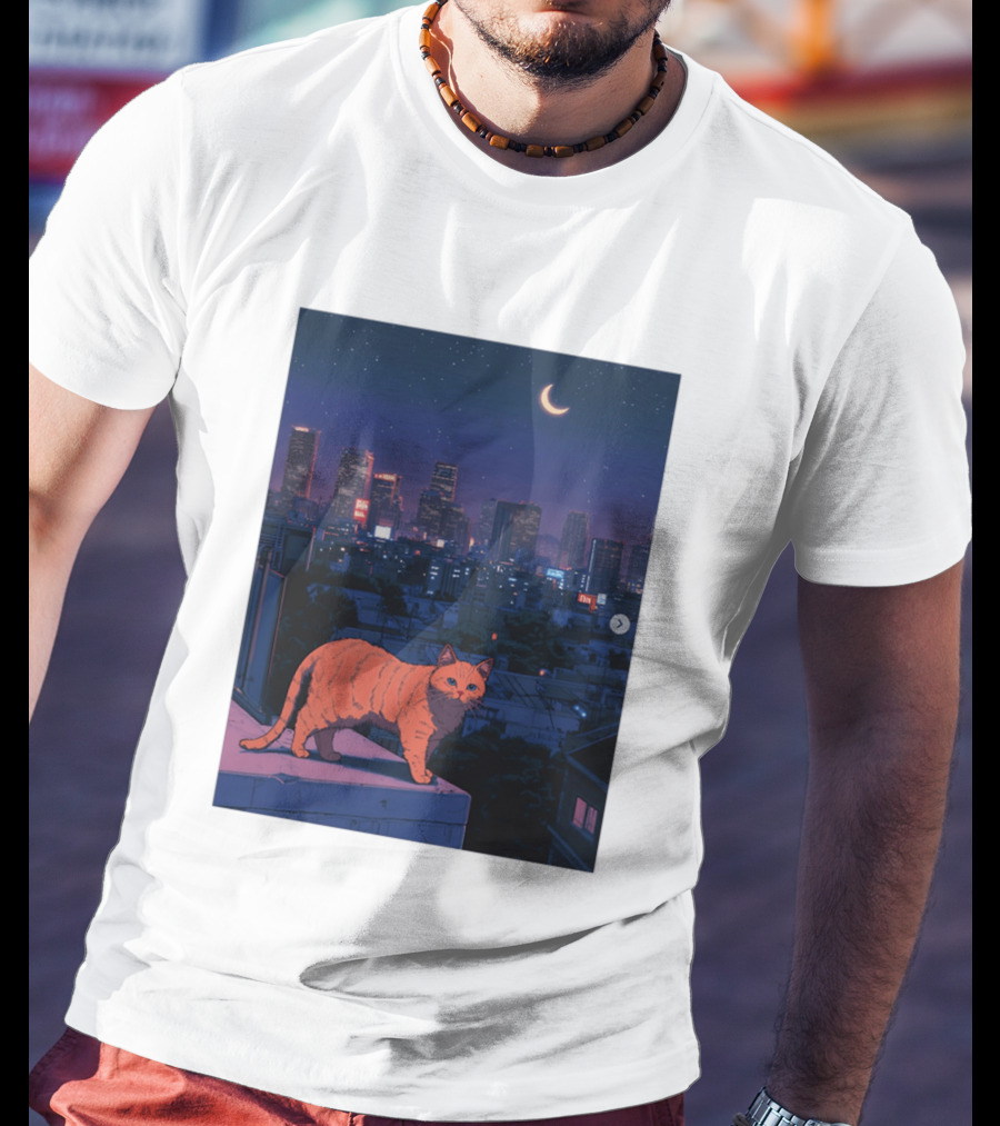 Orange Tabby Cat Under Night Sky Overlooking City Skyline With Crescent Moon T-Shirt