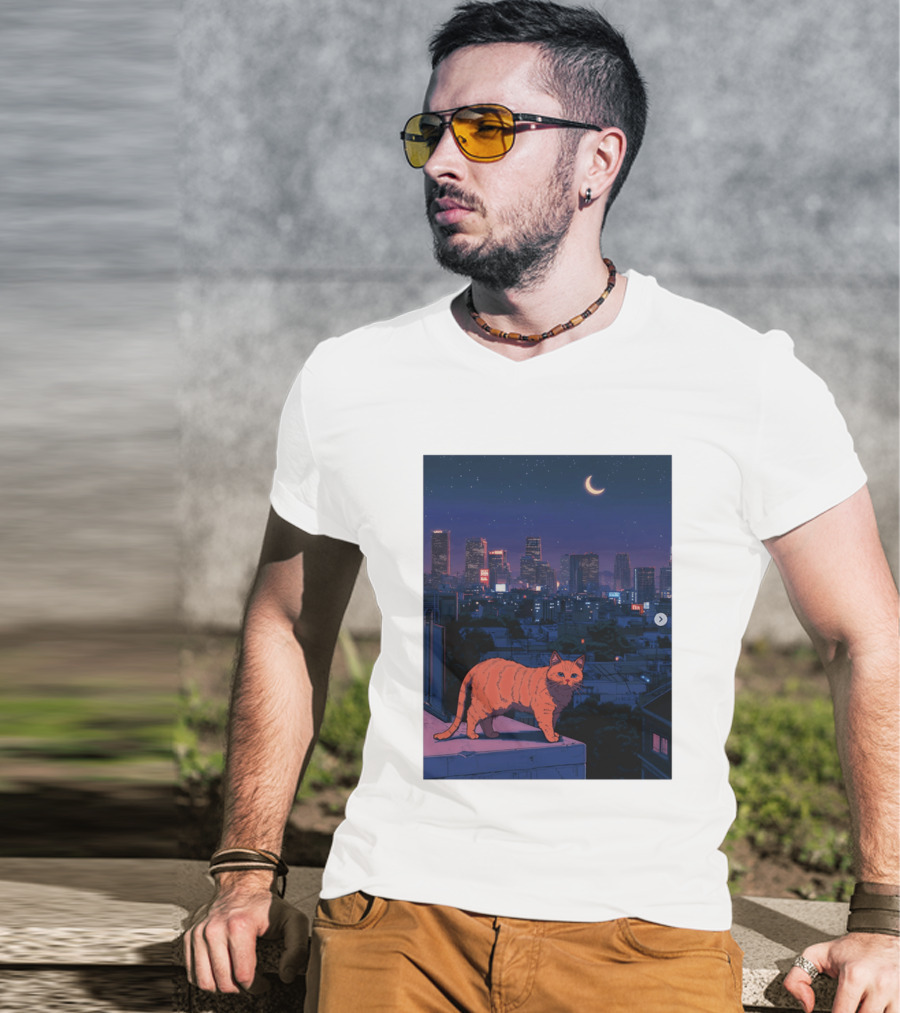 Orange Tabby Cat Under Night Sky Overlooking City Skyline With Crescent Moon T-Shirt