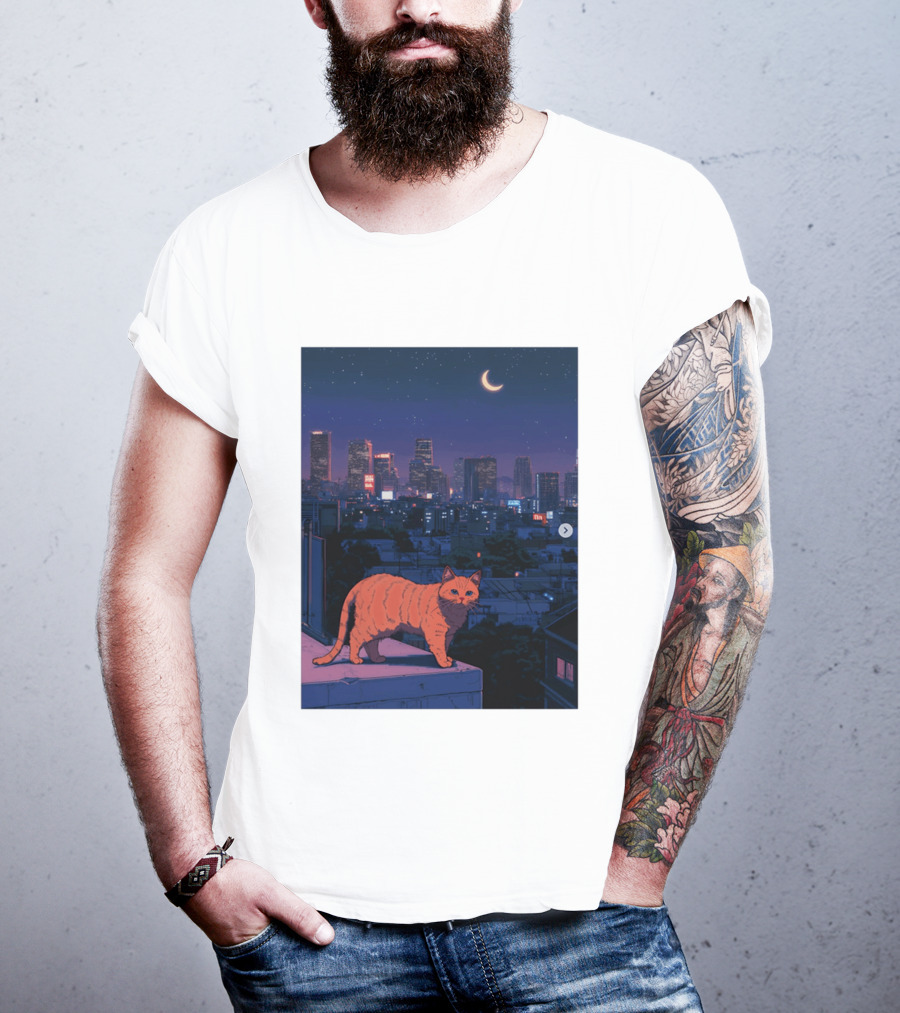 Orange Tabby Cat Under Night Sky Overlooking City Skyline With Crescent Moon T-Shirt