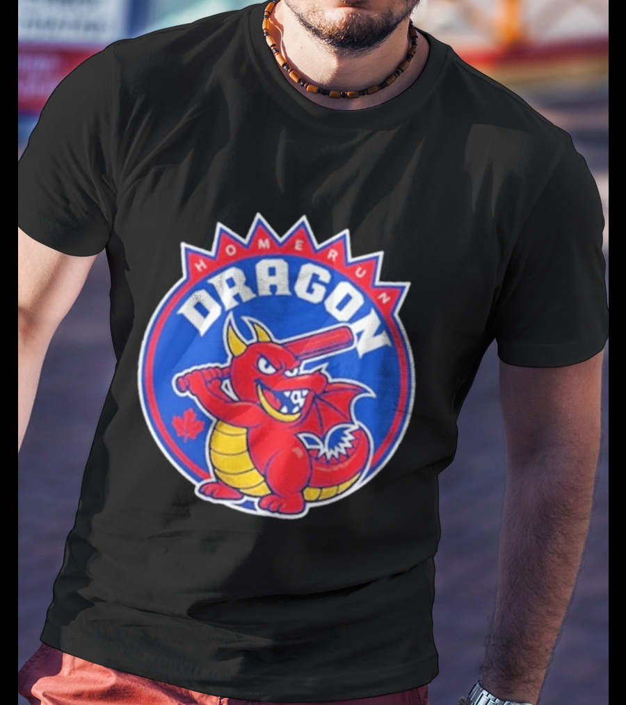 Home Run Dragon Baseball Batting Red Maple Leaf T-Shirt