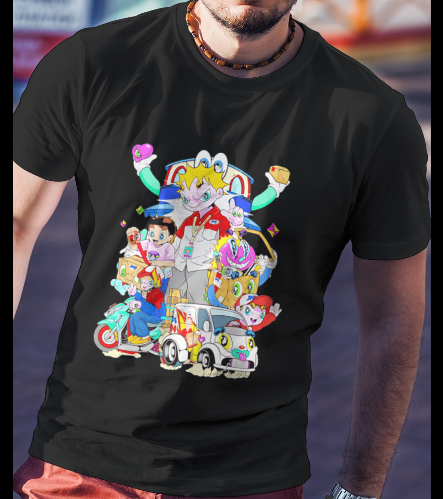 JNE Express Delivery Cartoon Characters And Van Fun Anime T-Shirt