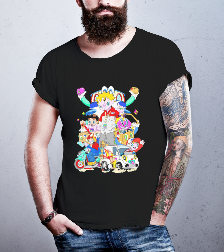JNE Express Delivery Cartoon Characters And Van Fun Anime T-Shirt