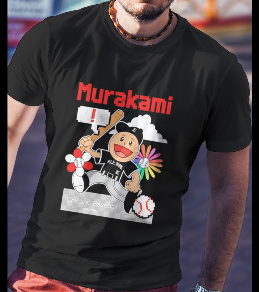 Murakami Chicago Baseball IPlayers Animated Character Flower Motif T-Shirt