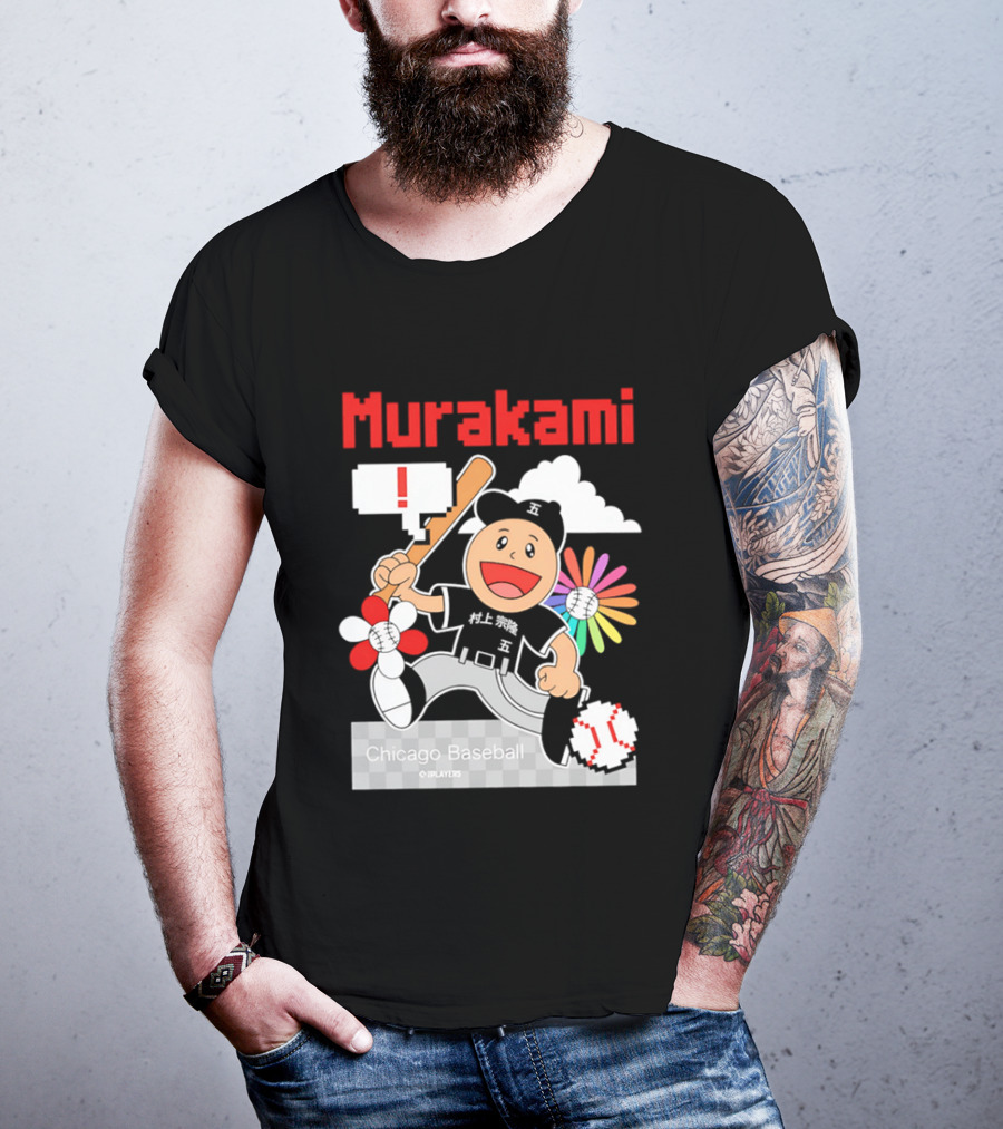 Murakami Chicago Baseball IPlayers Animated Character Flower Motif T-Shirt
