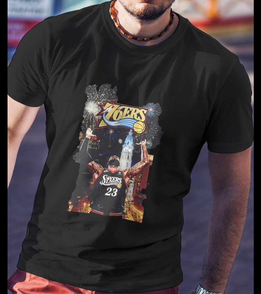 Philadelphia 76ers NBA Basketball 23 Cityscape Fireworks T-Shirt
