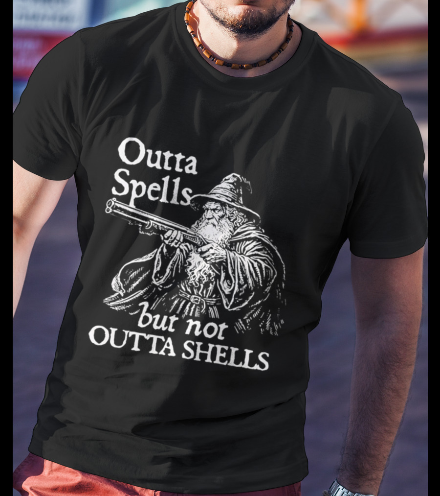Outta Spells But Not Outta Shells Wizard With Gun Magic T-Shirt