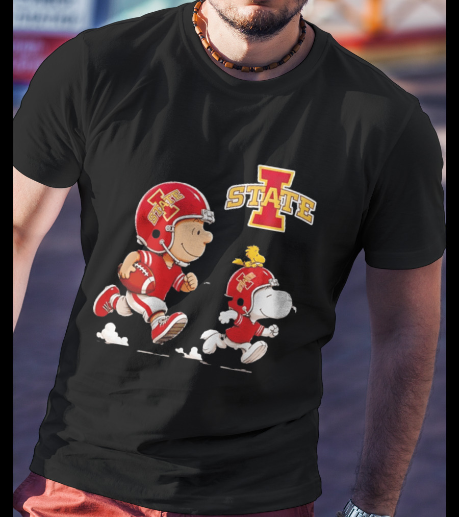 Peanuts Charlie Brown Snoopy Woodstock Running Football Iowa State T-Shirt