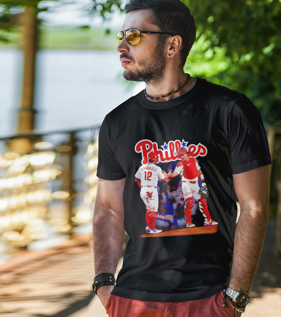 Philadelphia Phillies Kyle Schwarber J Realmuto 12 Catcher Handshake T-Shirt