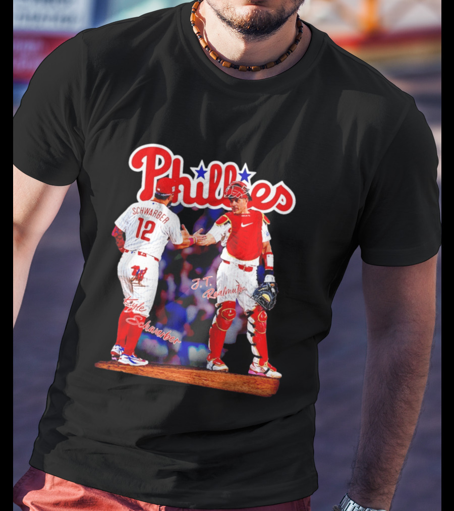 Philadelphia Phillies Kyle Schwarber J Realmuto 12 Catcher Handshake T-Shirt