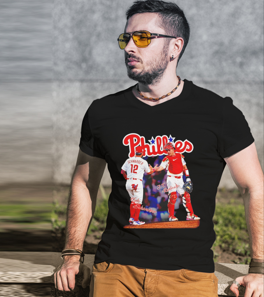 Philadelphia Phillies Kyle Schwarber J Realmuto 12 Catcher Handshake T-Shirt