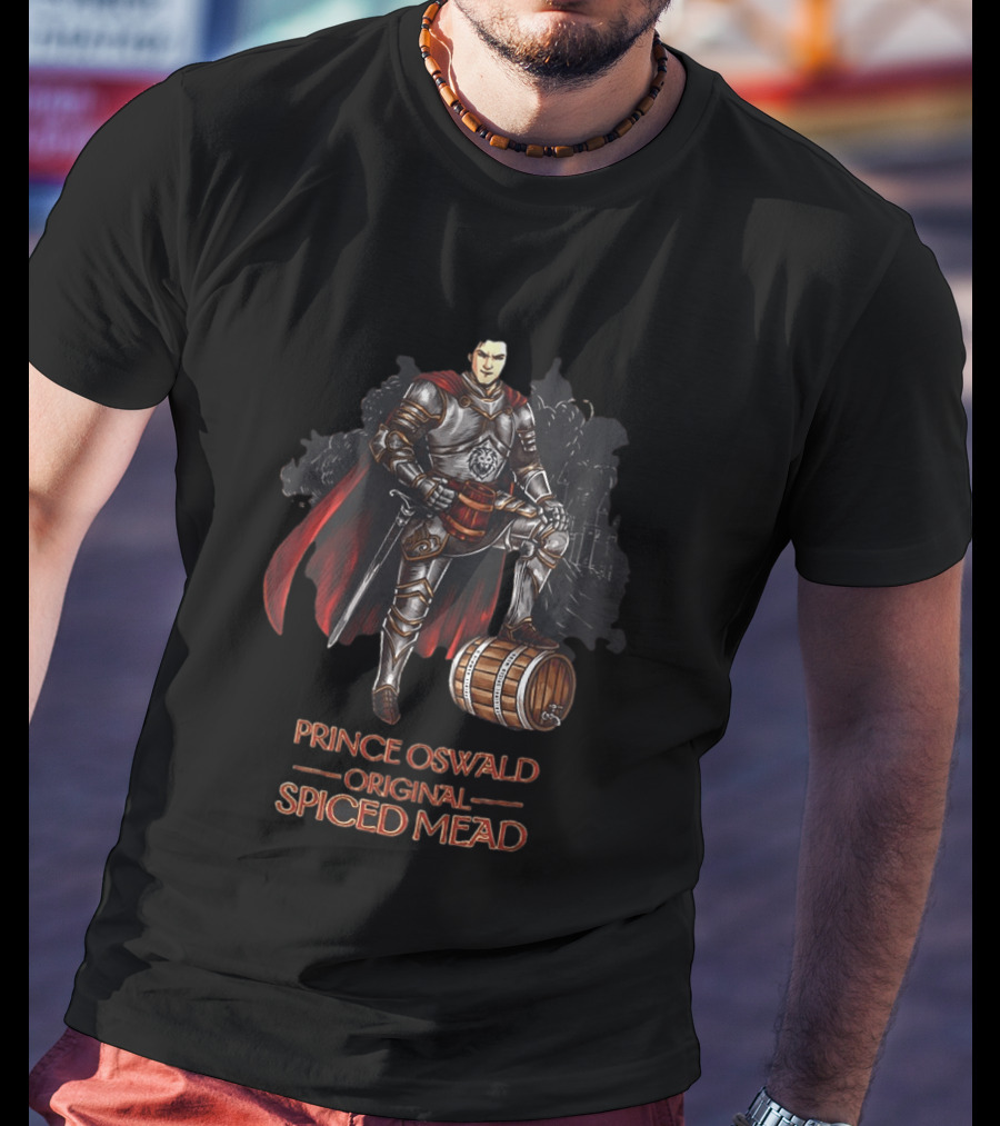 Prince Oswald Original Spiced Mead Knight With Barrel And Red Cape T-Shirt