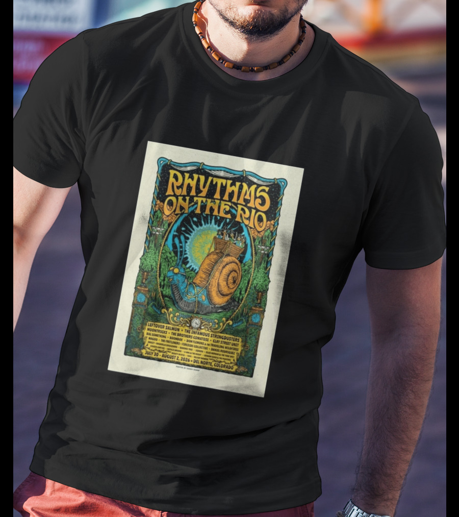 Rhythms On The Rio July 30 August 2 2026 Del Norte Colorado Leftover Salmon The Infamous Stringdusters T-Shirt