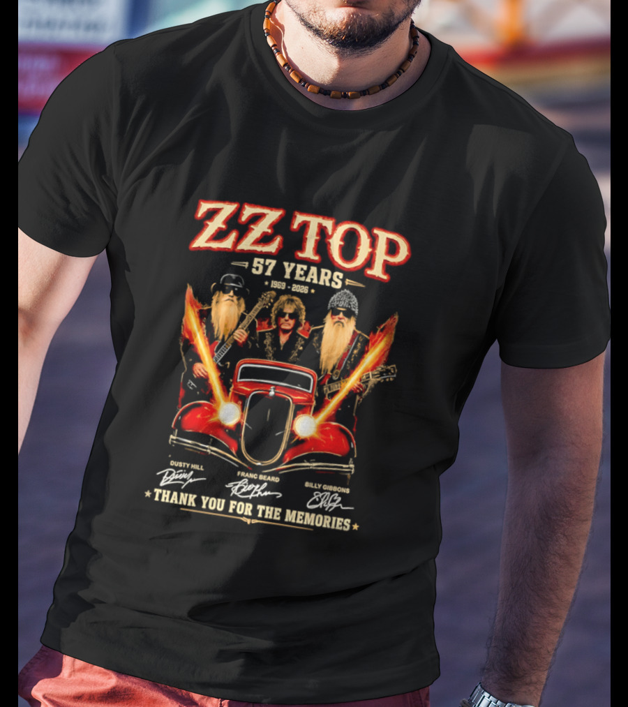 ZZ Top 57 Years 1969 2026 Dusty Hill Franc Beard Billy Gibbons Thank You For The Memories Classic Car And Guitars T-Shirt