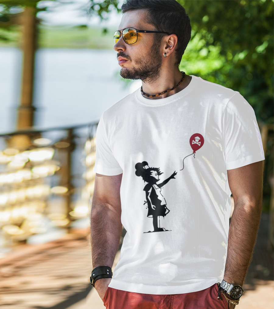 Baker Reaching For Cupcake And Crossbones Balloon Black Silhouette On Red T-Shirt