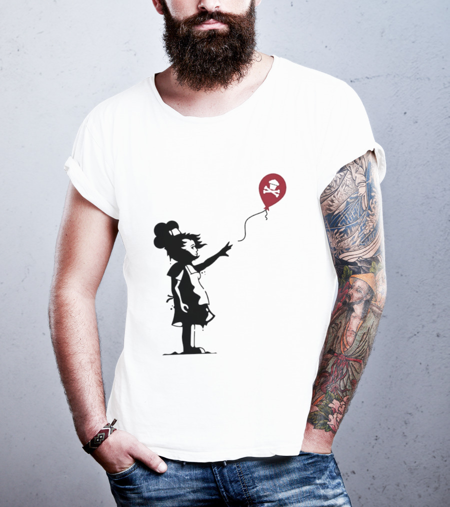 Baker Reaching For Cupcake And Crossbones Balloon Black Silhouette On Red T-Shirt
