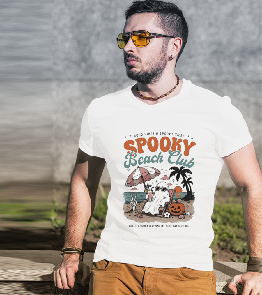 Good Vibes & Spooky Tides Spooky Beach Club Salty Spooky & Living My Best Afterlife T-Shirt