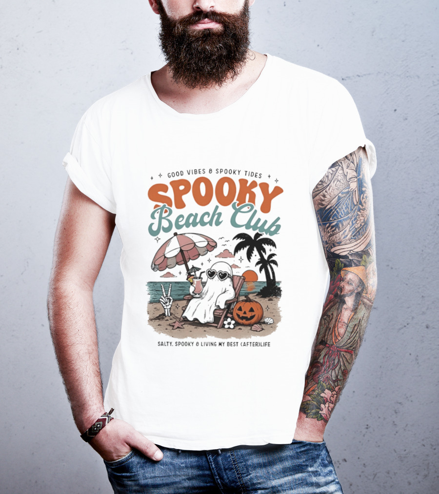 Good Vibes & Spooky Tides Spooky Beach Club Salty Spooky & Living My Best Afterlife T-Shirt