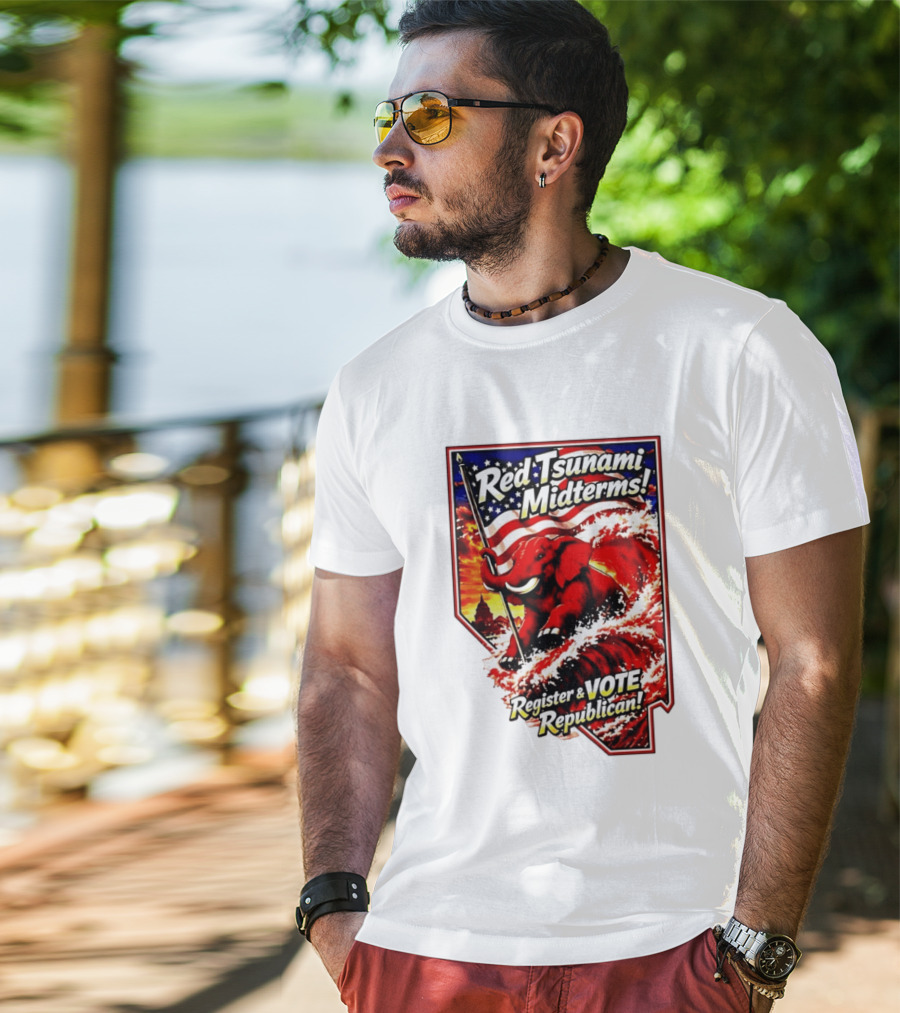 Red Tsunami Midterms Register And Vote Republican Political Elephant With American Flag T-Shirt