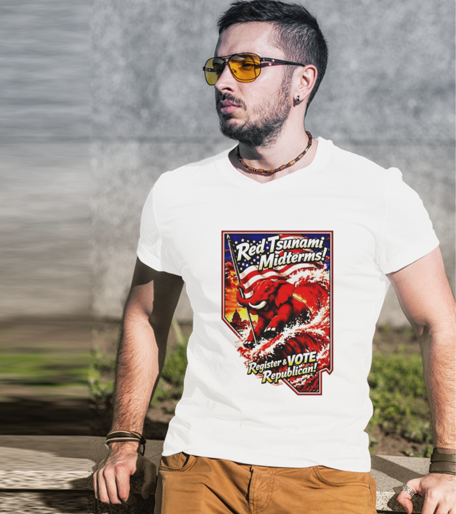 Red Tsunami Midterms Register And Vote Republican Political Elephant With American Flag T-Shirt