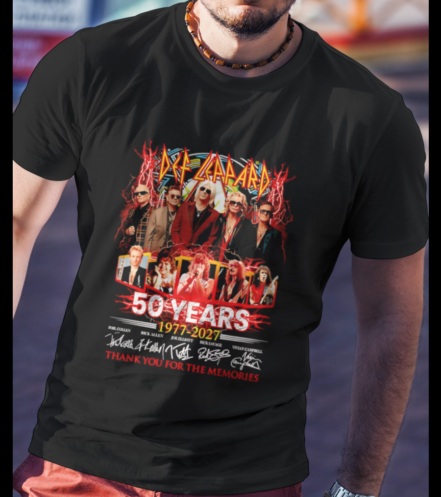 Def Leppard 50 Years 1977 2027 Thank You For The Memories Rock Legends Celebration Autographed Collage T-Shirt