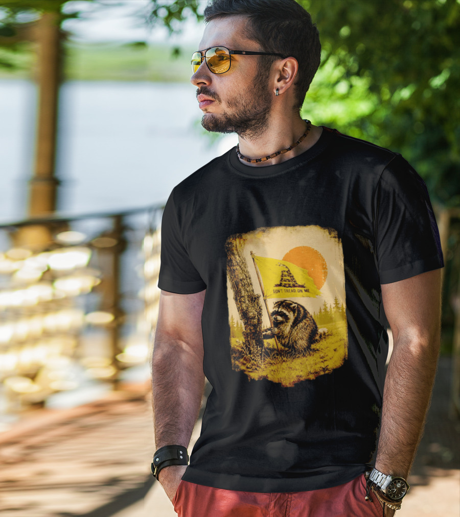 Don't Tread On Me Raccoon Holding Gadsden Flag Rustic Sun T-Shirt