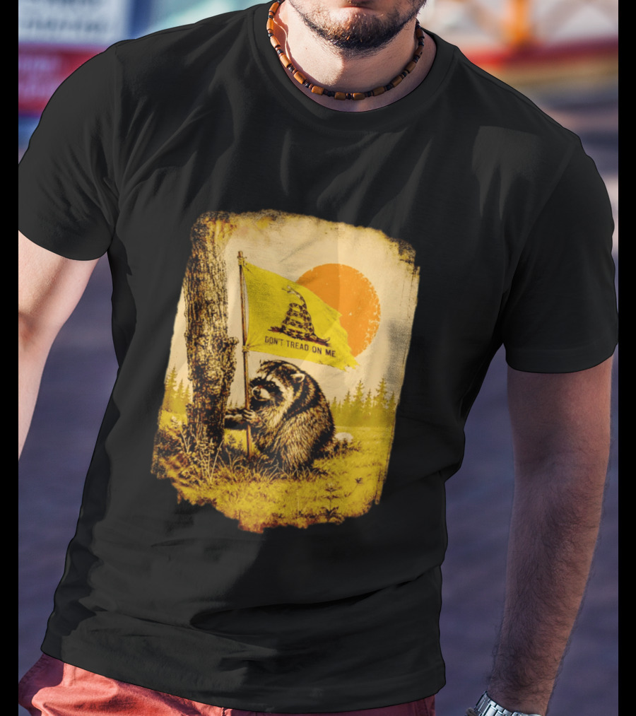 Don't Tread On Me Raccoon Holding Gadsden Flag Rustic Sun T-Shirt