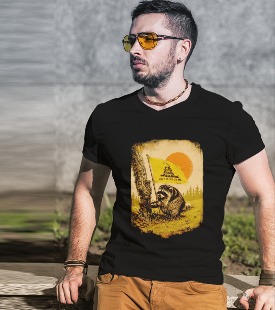 Don't Tread On Me Raccoon Holding Gadsden Flag Rustic Sun T-Shirt