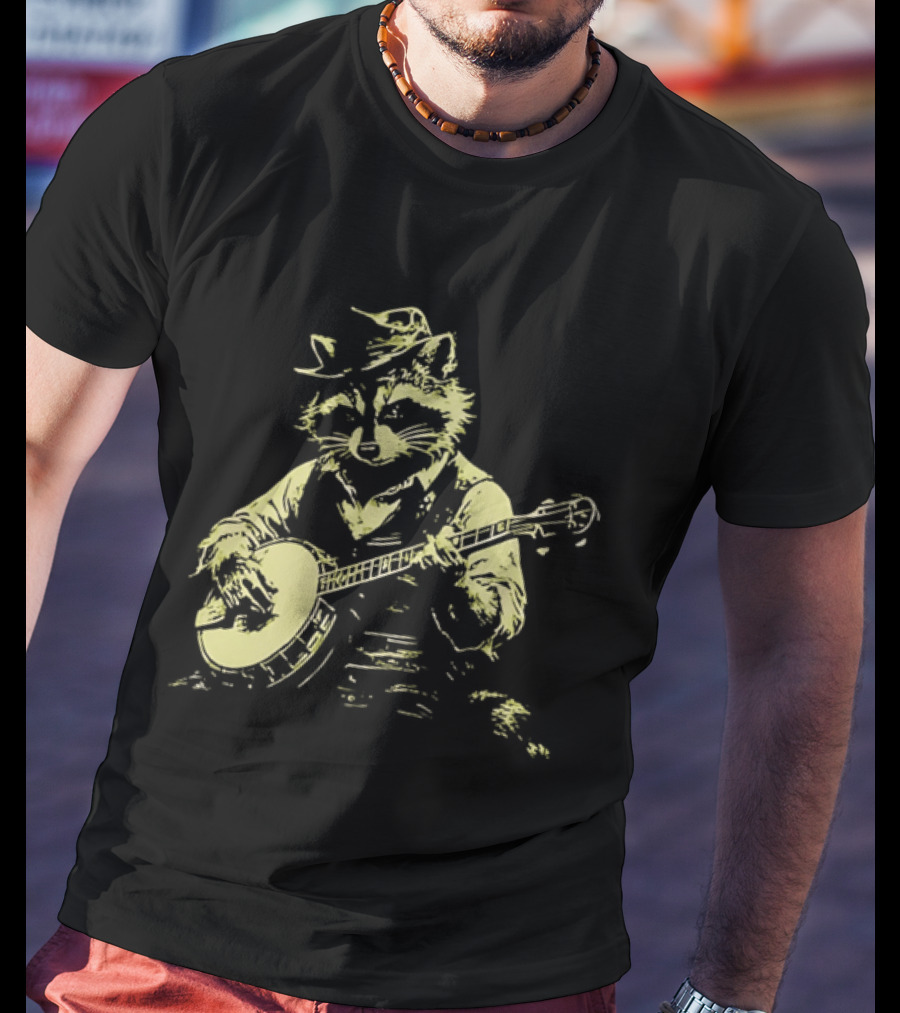 Raccoon Strumming Banjo Wearing Hat And Vest T-Shirt