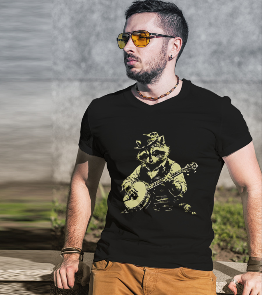 Raccoon Strumming Banjo Wearing Hat And Vest T-Shirt
