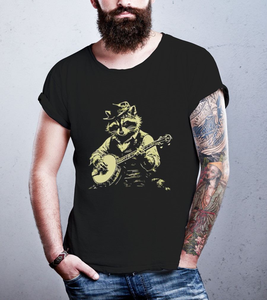 Raccoon Strumming Banjo Wearing Hat And Vest T-Shirt