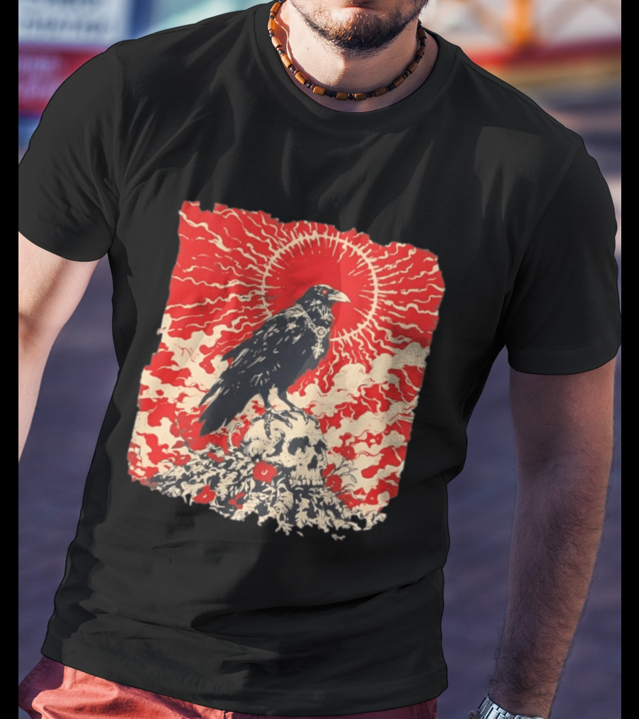 The Crow And The Skull Vintage Gothic Illustration Red Sunburst Mystical T-Shirt