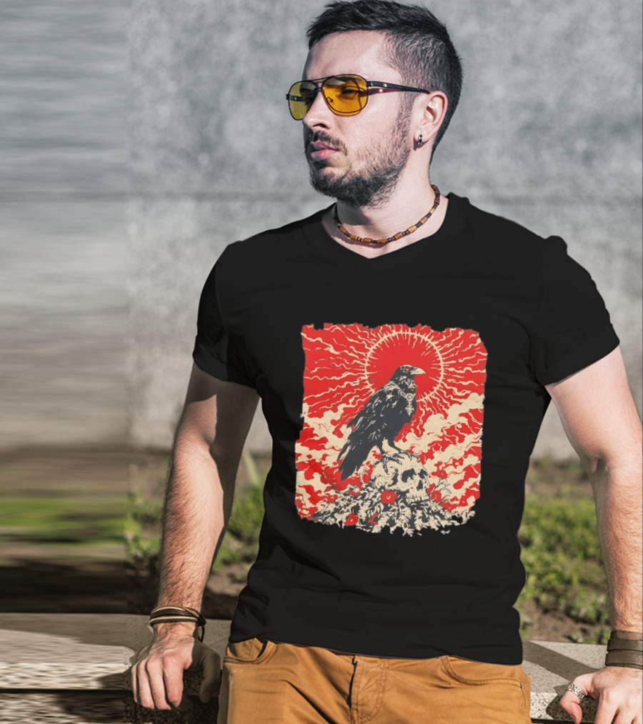The Crow And The Skull Vintage Gothic Illustration Red Sunburst Mystical T-Shirt