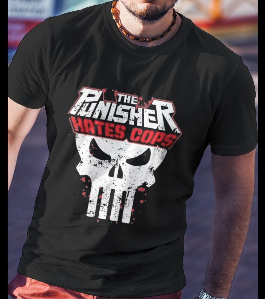 The Punisher Hates Cops Skull Symbol Red White T-Shirt