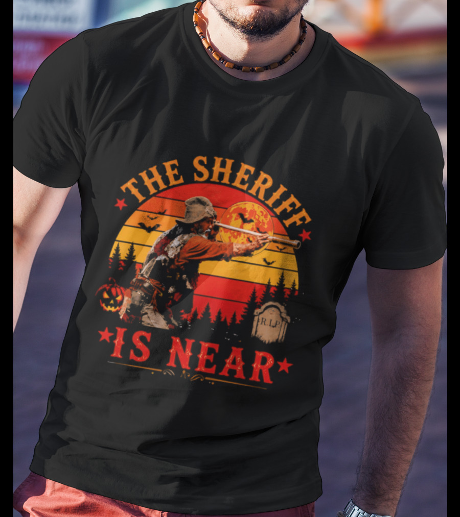 The Sheriff Is Near Halloween Cowboy Full Moon Tombstone Pumpkin Bats T-Shirt