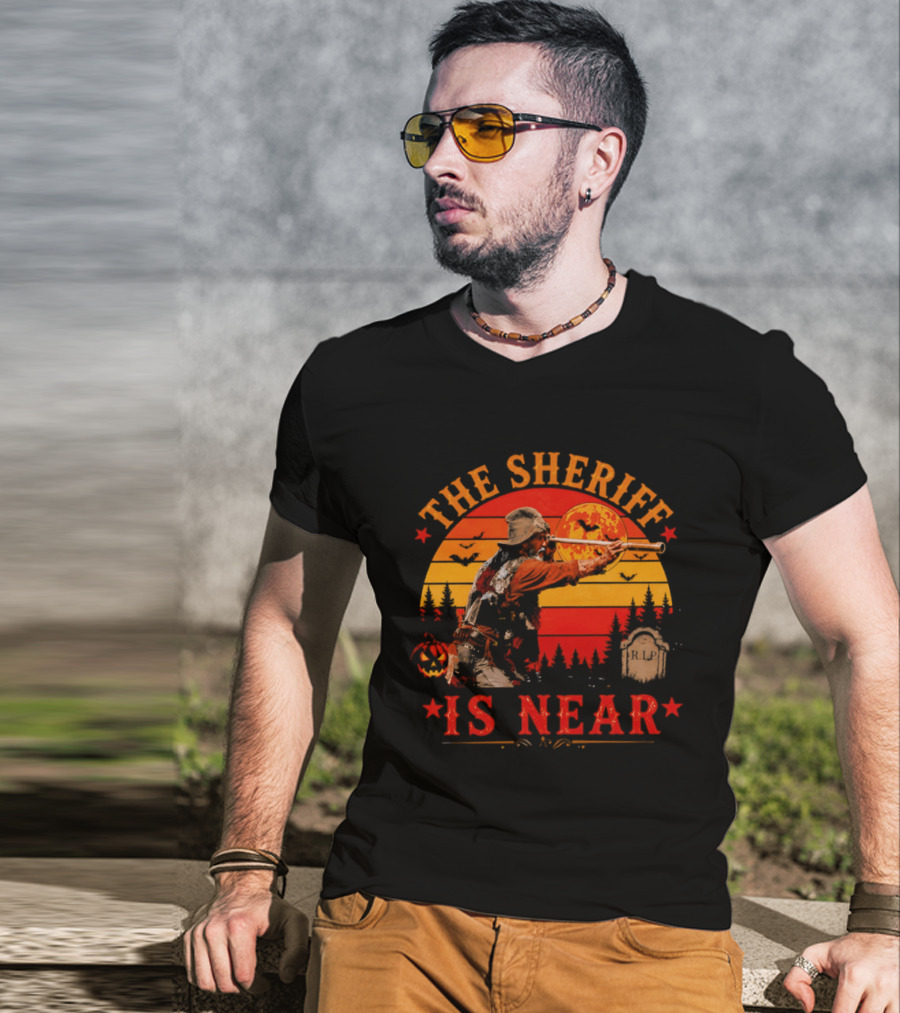 The Sheriff Is Near Halloween Cowboy Full Moon Tombstone Pumpkin Bats T-Shirt