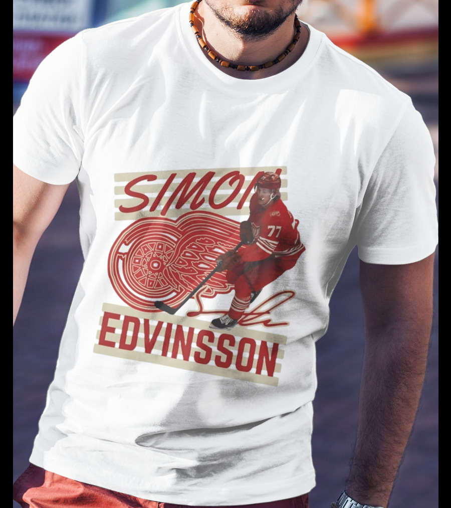 Simon Edvinsson 77 Detroit Red Wings Signature Hockey T-Shirt