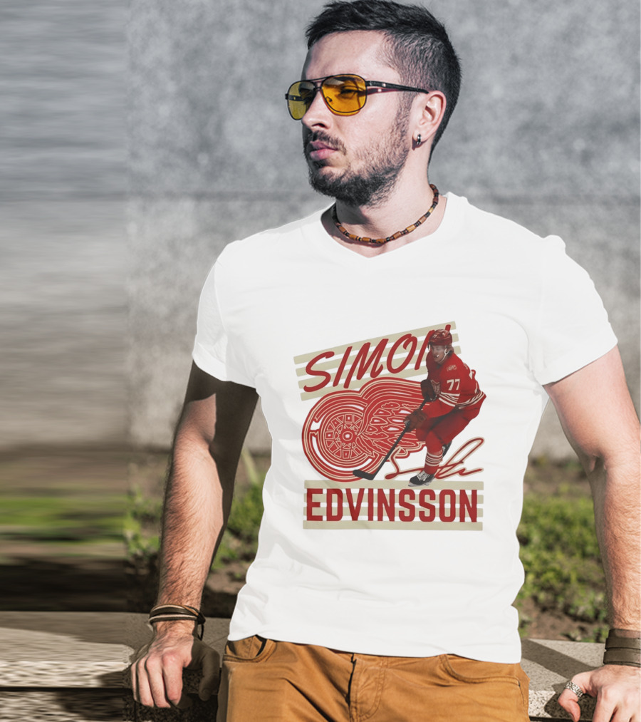 Simon Edvinsson 77 Detroit Red Wings Signature Hockey T-Shirt