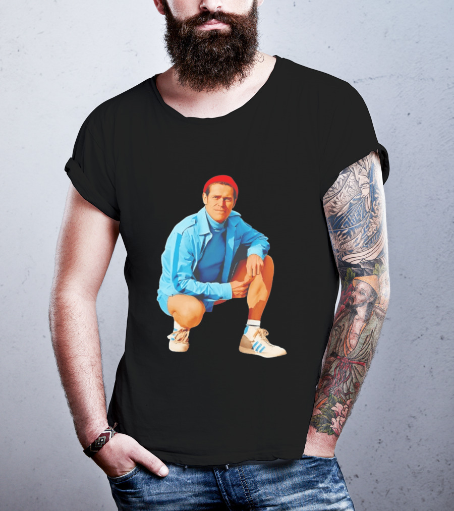 Willem Dafoe Meme Red Beanie Blue Tracksuit Squatting Pose T-Shirt