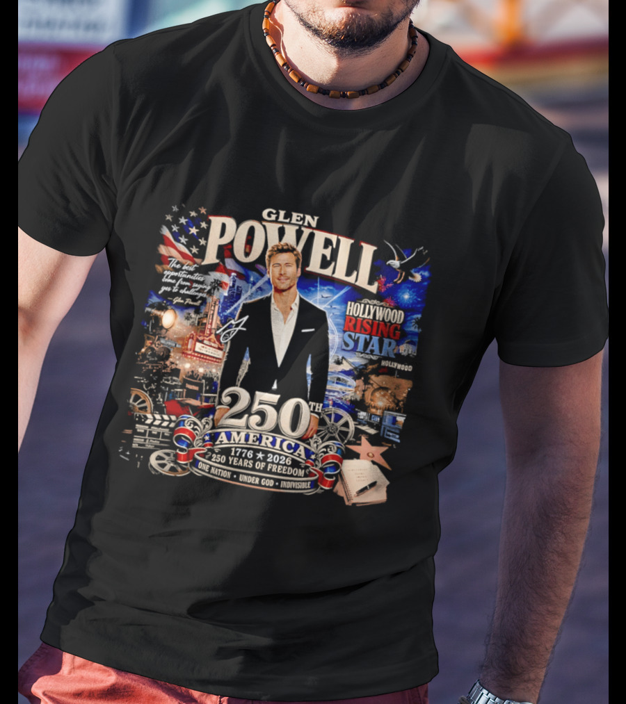 Glen Powell Hollywood Rising Star 250th America 1776 2026 Years Of Freedom T-Shirt