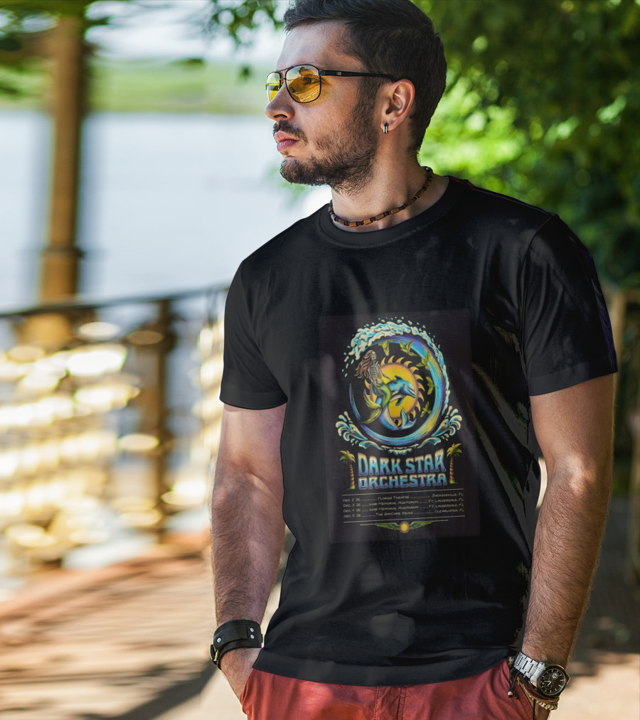 Dark Star Orchestra 2026 Florida Tour Dolphin Skeleton Wave Art And Dates T-Shirt