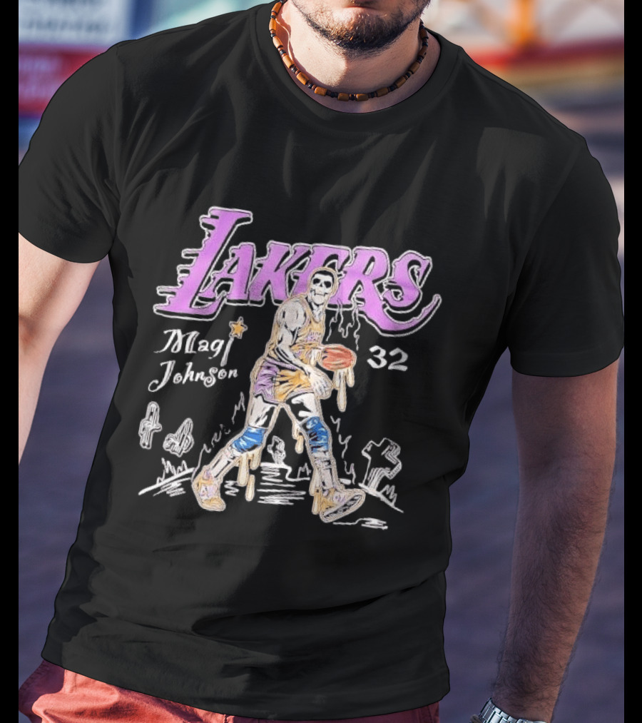 Lakers Magic Johnson 32 Skull Basketball Dribbling T-Shirt