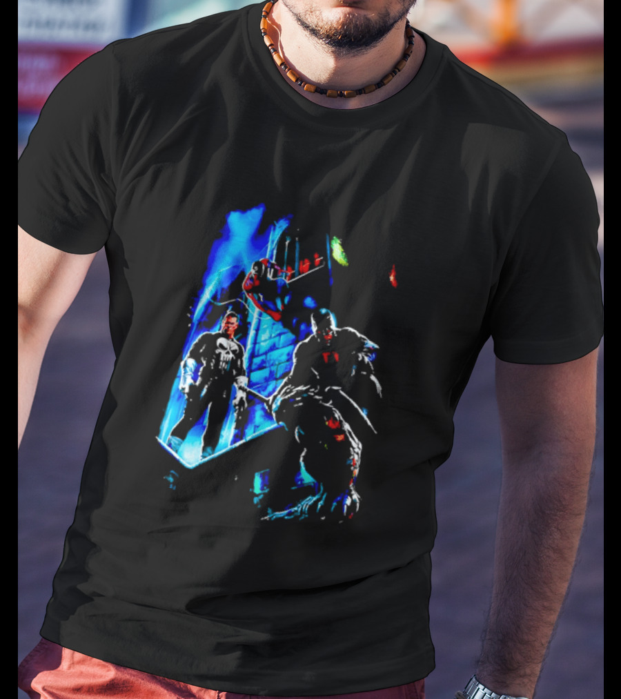 Marvel Comics Vigilante Action The Punisher Spider Man Daredevil Urban Battle Scene T-Shirt